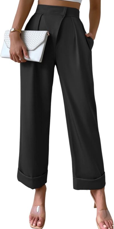 Elegant High Waist Wide Leg Pants with Pocket, Pleated Hem