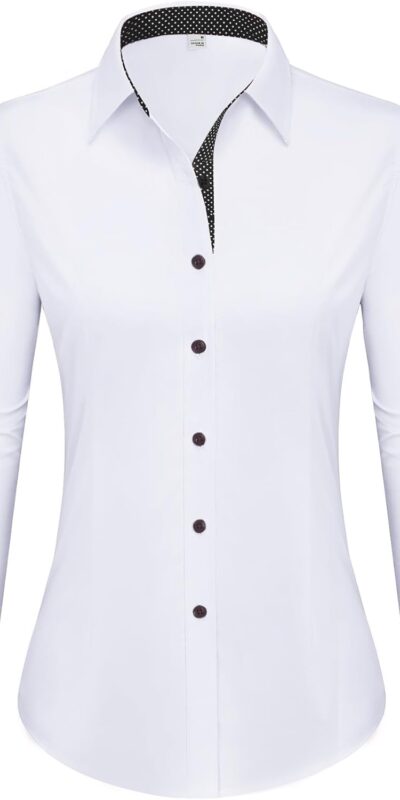 Women's Stretch Cotton Button Down Work Blouse, Wrinkle-Free, Long Sleeve