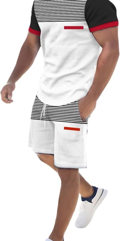 Men's Casual Tracksuit Set with Stripe Print - Size Large