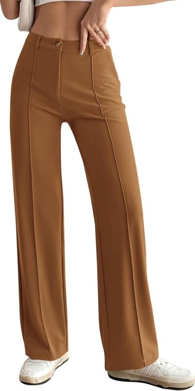 Home 8 PRETTYGARDEN Trendy Straight Leg Knit Stretch Trousers (Brown, Size S)