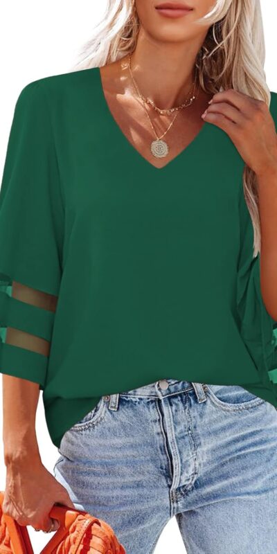 V Neck Mesh Panel Blouse 3/4 Bell Sleeve Top - Size Medium