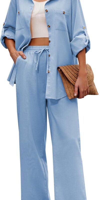 Zeagoo Women's Linen 2-Piece Set: Button Down Shirt & Drawstring Pants