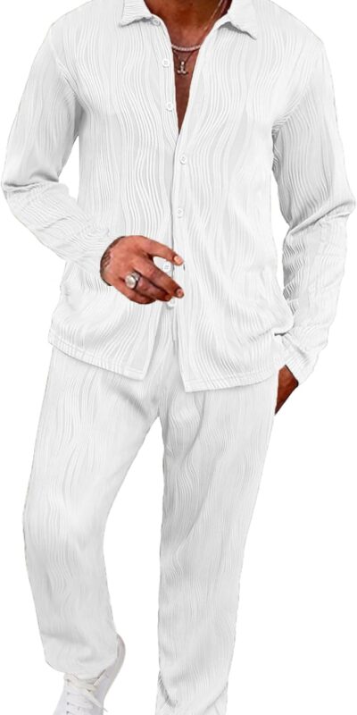 Men's Casual Beach Summer Outfit Set, Long Sleeve Shirt & Pants