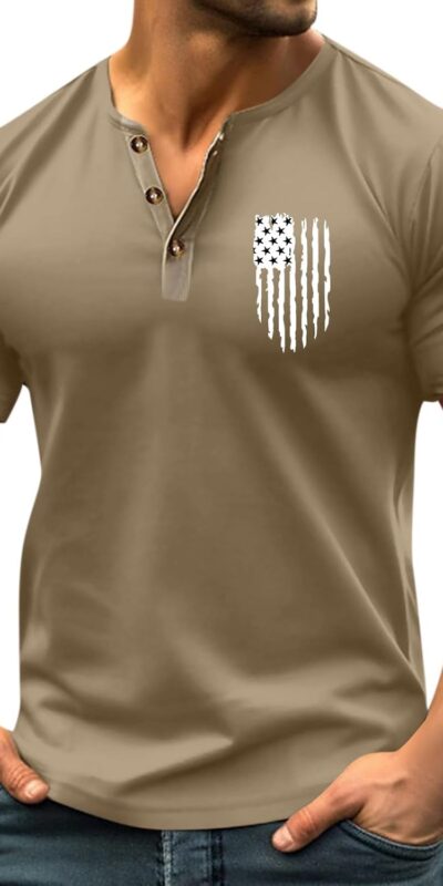 Men's Retro Casual Printed Henley Tee Shirt - Soft Fabric