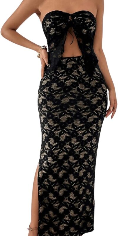 Strapless Lace Bandeau Crop Top and Maxi Skirt Set