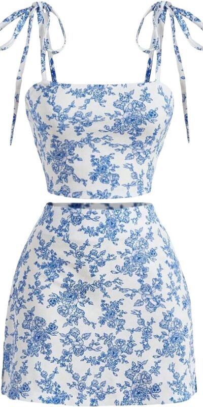 Floral Print Tie Shoulder Cami Top and Skirt Set