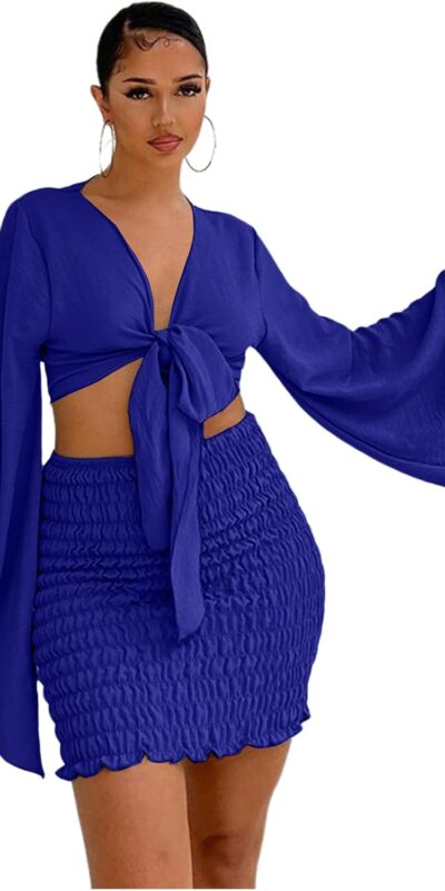 LYANER Women's Bell Sleeve Crop Top and Mini Skirt Set