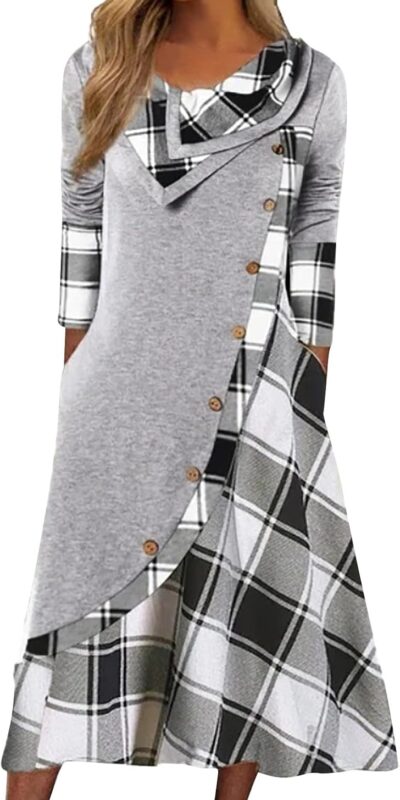 Plaid Long Sleeve Dress with Pockets and Button Detail