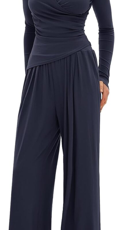 Darong Women's Lounge Outfit Set: V Neck Shirt & Wide Leg Pants