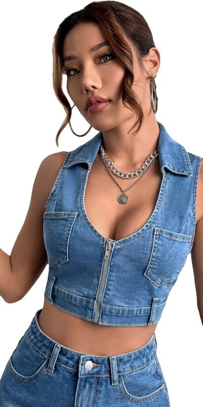 Sleeveless Denim Tank Top with Zipper and Patched Pockets