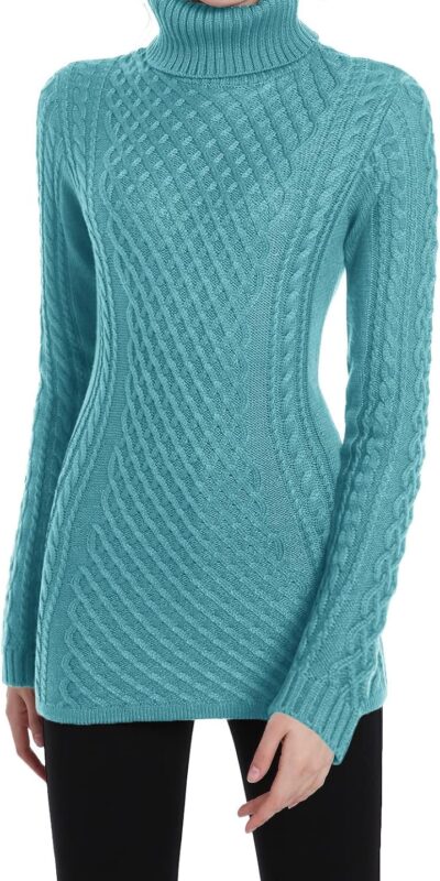 Cotton Turtle Cowl Neck Cable Knit Sweater for Women