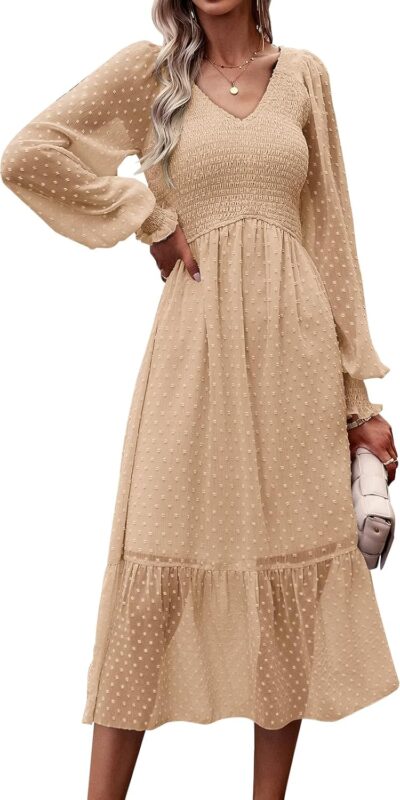 PRETTYGARDEN Women's 2024 Long Sleeve Swiss Dot Midi Dress