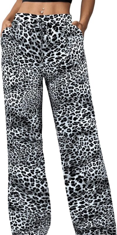 Milumia Leopard Print High Waist Wide Leg Drawstring Pants