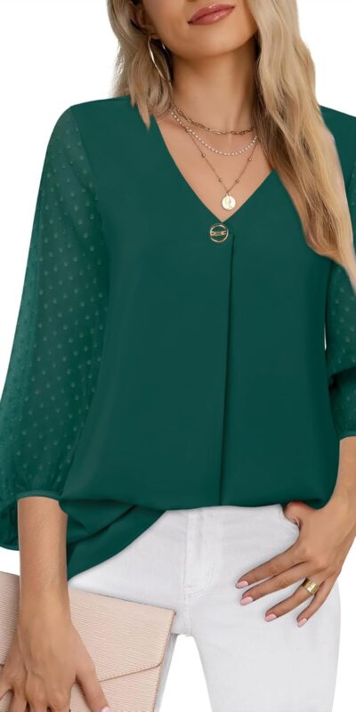 Bebonnie Women's Loose V-Neck Chiffon Blouse, 3/4 Sleeve
