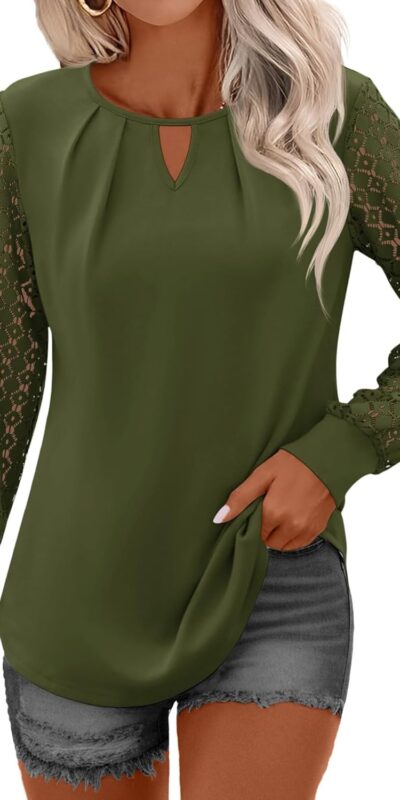 Micoson Women's Pleated Long Sleeve Keyhole Blouse - Business Casual