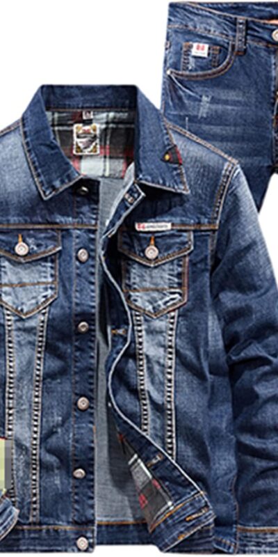 Spring Autumn Denim Suit Ripped Hole Jacket + Jeans Set, Long Sleeve