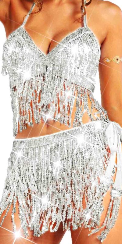 Women's Sparkly Belly Dance Outfit with Sequin Fringe Skirt
