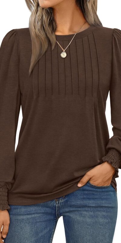 Women's AUTOMET Long Sleeve Pleated Business Casual Blouse, Smocked Cuffs