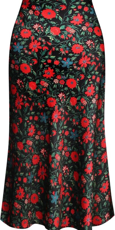 Leopard Silk Satin Midi Skirt High Waist Elasticized Cheetah