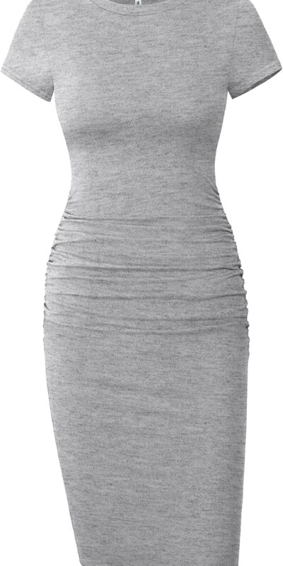 Missufe Women's Midi Bodycon T-Shirt Dress, Short Sleeve, Ruched