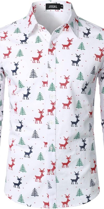 JOGAL Men's Long Sleeve Santa Claus Party Button Down Shirt
