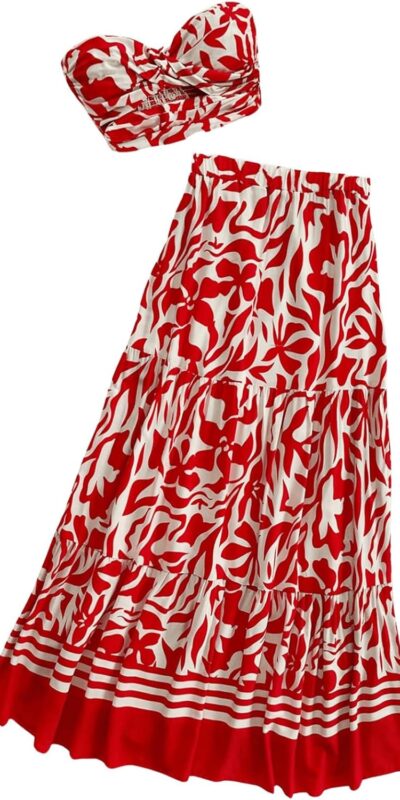 Boho Floral Print Tube Top and Maxi Skirt Set - Small