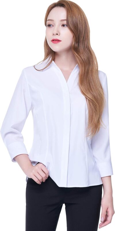Women's 4-Way Stretch V Neck Blouse 3/4 Sleeve Work Top
