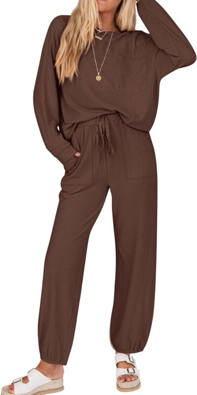 KIRUNDO Women's Ribbed Knit Lounge Set with Drawstring Pants