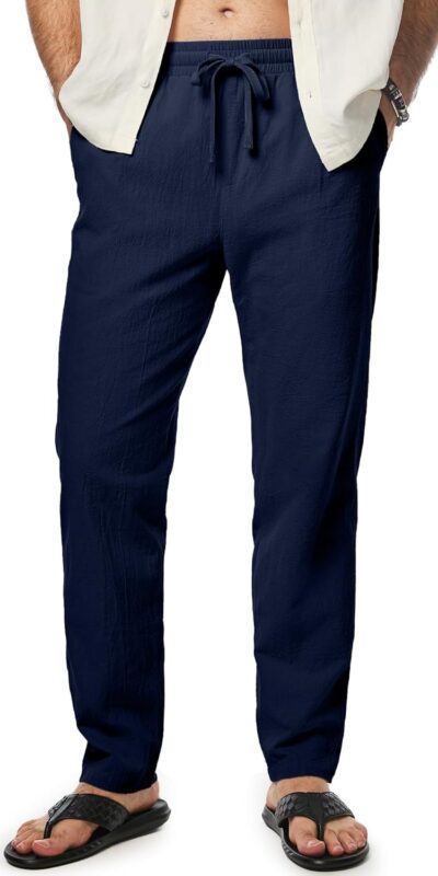 Men's Lightweight Cotton Beach Pants with Elastic Waist & Pockets