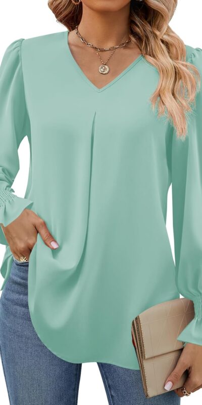 Funlingo Women's 2024 V Neck Chiffon Tunic Blouse - Loose Fit