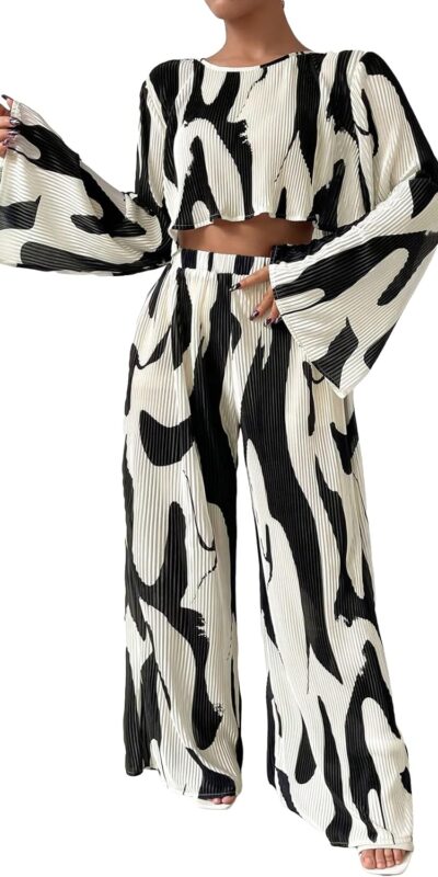 Verdusa Women's Bell Sleeve Crop Top Pants Set, Business Casual