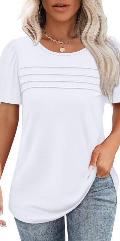 Flowy Pleated Front Scooped Neck Casual Blouse