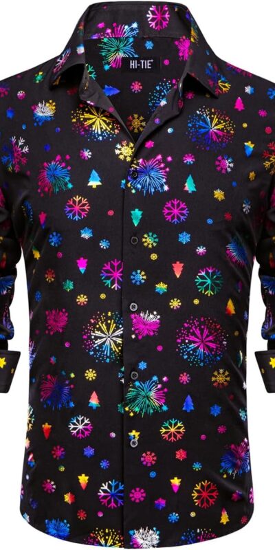 Hi-Tie Men's Long Sleeve Christmas Button Down Shirt