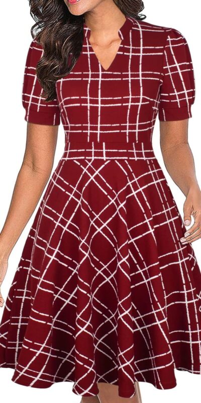 Mokayee Women's Summer Puff Sleeve Fit and Flare Dress with Pockets