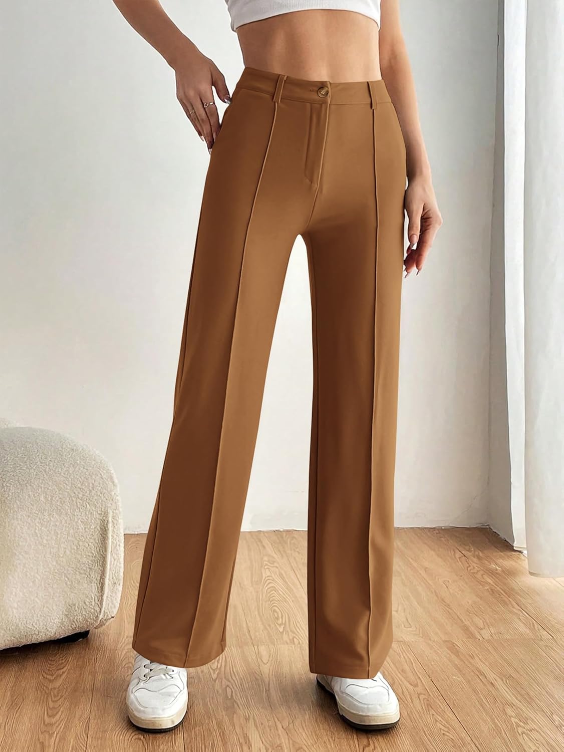 PRETTYGARDEN Trendy Straight Leg Knit Stretch Trousers (Brown, Size S) 2 PRETTYGARDEN Trendy Straight Leg Knit Stretch Trousers (Brown, Size S) - Image 2