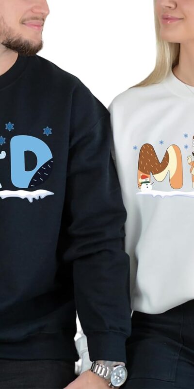 Blue Family Matching Christmas Sweatshirt with Cartoon Character Design