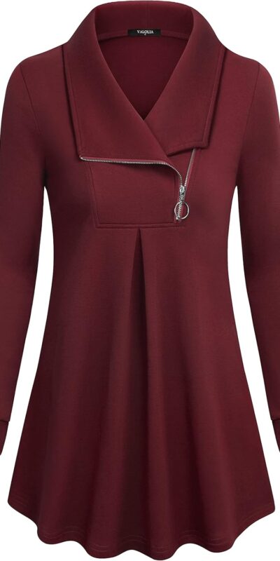 VALOLIA Women's Long Sleeve Zipper Lapel Casual Tunic