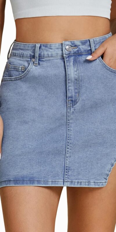 Women's High Waisted Stretchy Denim Skirt with Slit