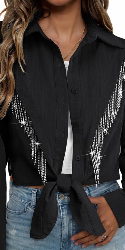 Women's Rhinestone Fringe Cropped Button Down Shirt - Size Medium