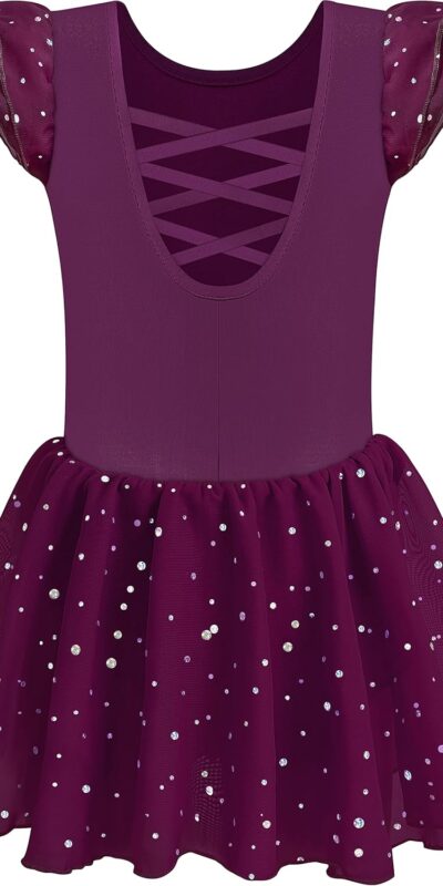 MOLLDAN Girls' Shiny Ballet Leotard with Ruffle Sleeves, Size 4-12