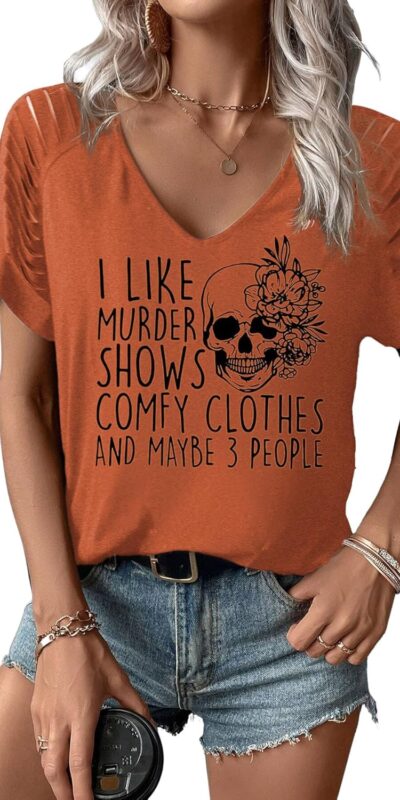 Women's Fall Halloween V-Neck Cold Shoulder Tee - Short Sleeve