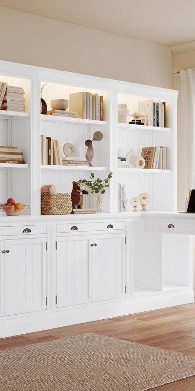 Modern 3-Piece Bookshelf & Desk Suite with LED Lighting, White