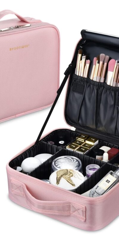 Pink Makeup Travel Case Organizer with Adjustable Dividers, 10