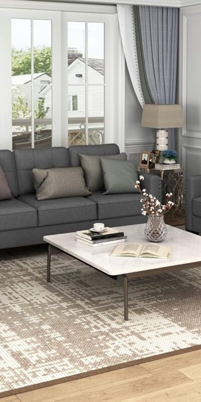 Gray Linen Blend Sofa Set with Tufted Cushions, 3 Pieces