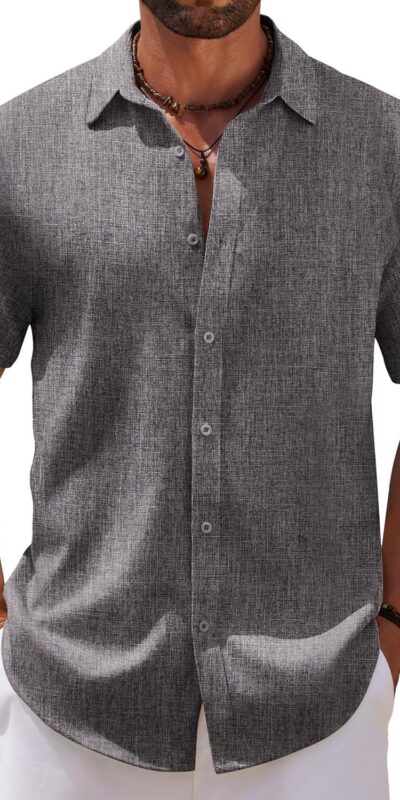 COOFANDY Men's Linen Textured Button Down Shirt, Short Sleeve