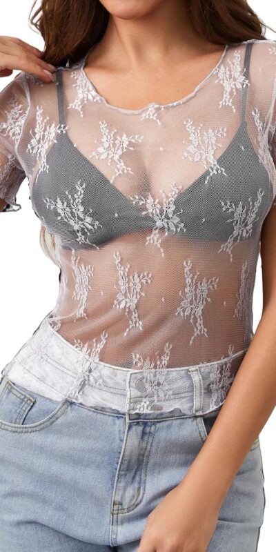 White Lace Floral Embroidery Sheer Mesh Tee (Size L)