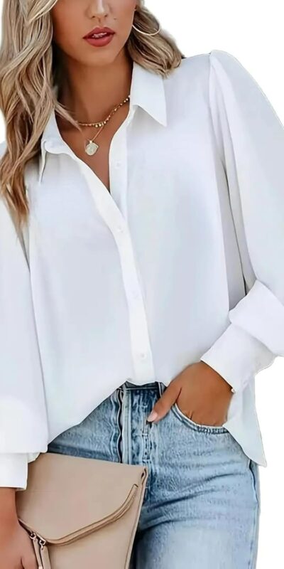 Zeagoo Women's Printed Lantern Sleeve Button Down Blouse - Casual Top