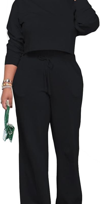 PINSV Women's 2 Piece Tracksuit Set, Long Sleeve Crop Top & Wide Leg Pants with Pockets