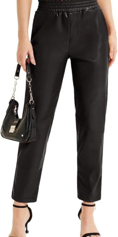High Waisted Faux Leather Cropped Joggers with Pockets