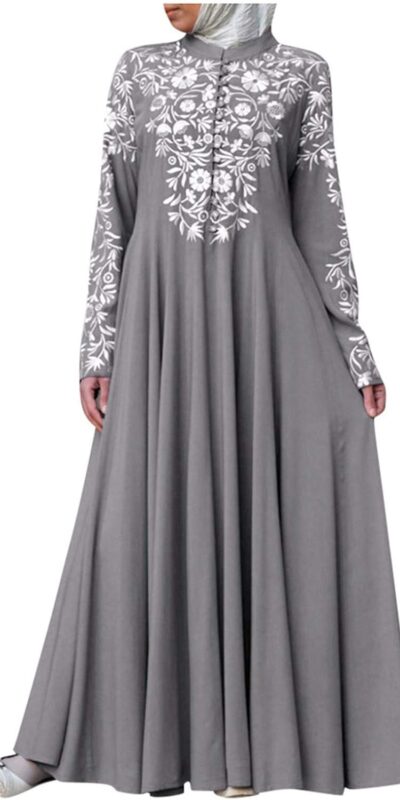Embroidered V Neck Muslim Abaya Dress for Women